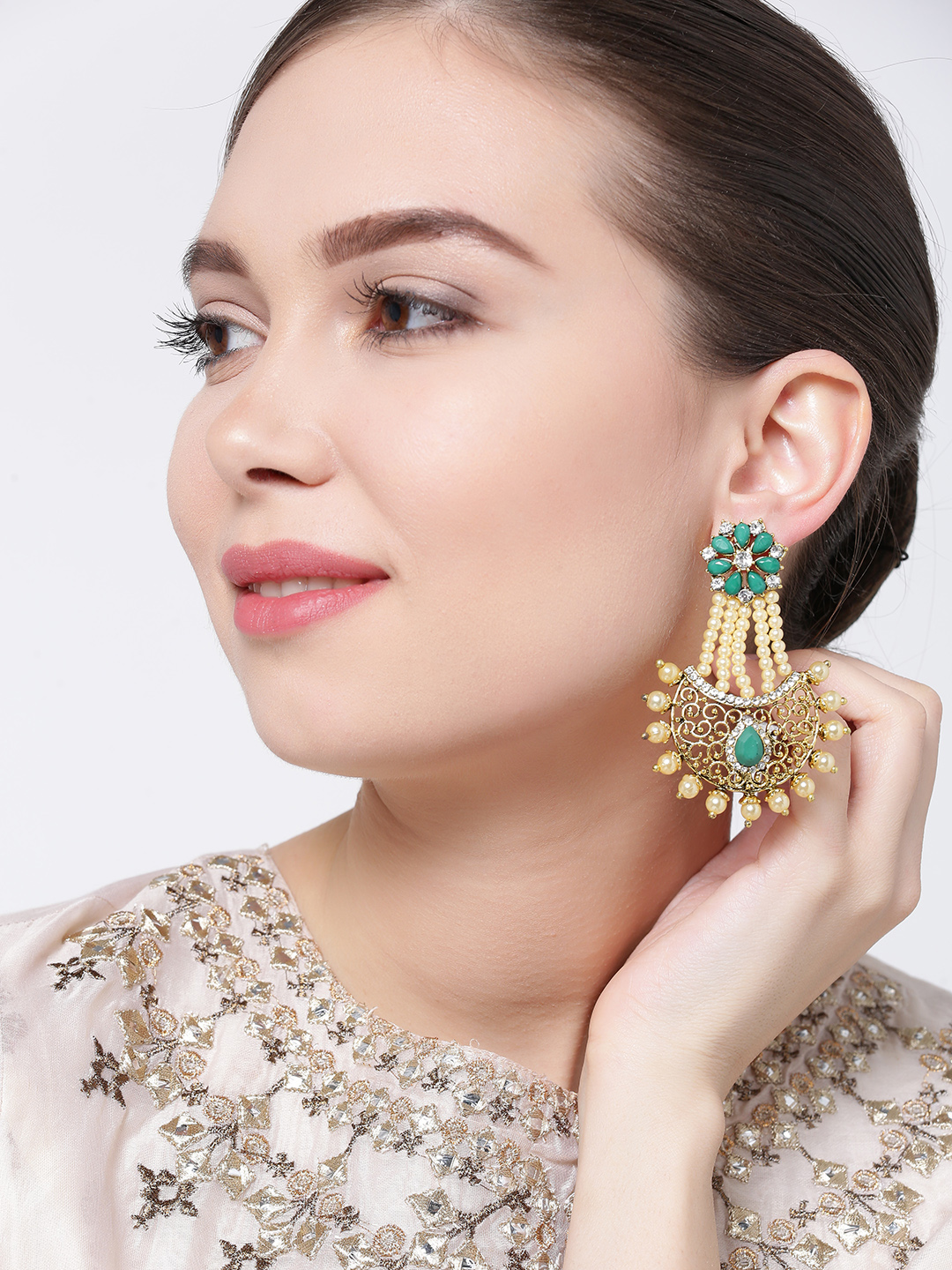 YouBella Off-White Gold-Plated Stone-Studded Beaded Chandbalis